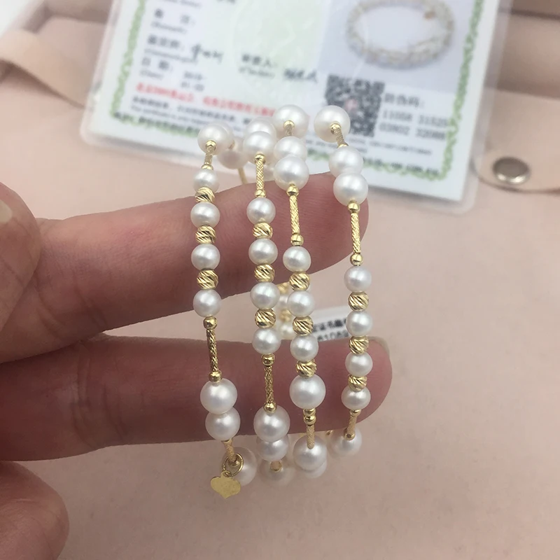 Женский многослойный браслет с натуральным жемчугом 18k AU750|Гибкие и жесткие