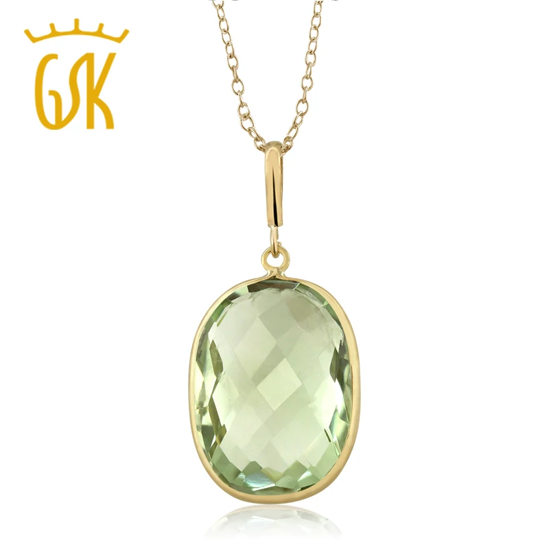 9.00ct Green Amethyst Cushion Cut 14K Yellow Gold Pendant w/ 18" Chain