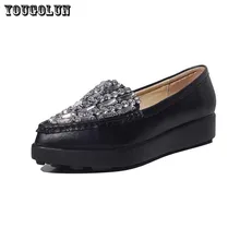 Women Flat Platform Shoes Pointed Toe Med Heels(3.5cm) Casual Shoe Woman Top Quality Genuine Leather Ladies Slip-on Black White