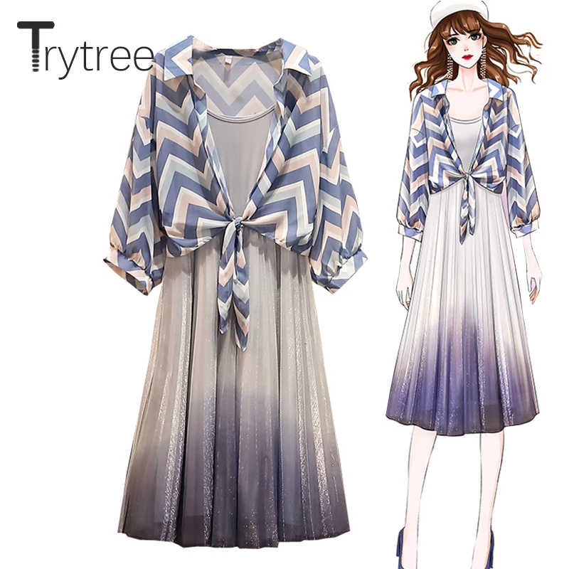 

Trytree Summer Women Two Piece Set Romantic Tie Bow Blouses + Skirts Pleated Elastic Waist Suit Gradient Mesh Casual 2 Piece Set