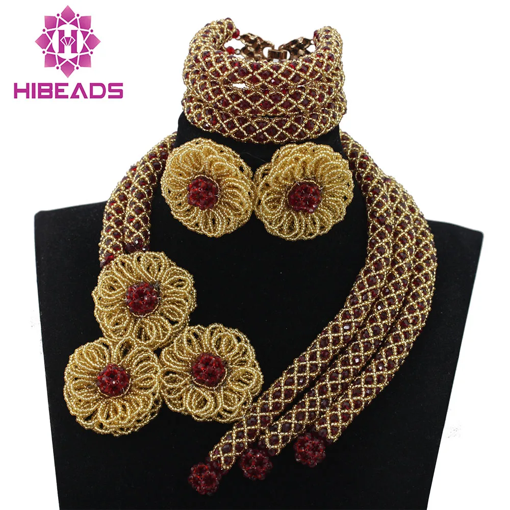 Fantastic Wine and Gold African Wedding Beads Jewelry Set Luxury Flower Necklace Earrings Set for Party Free Shipping WD633