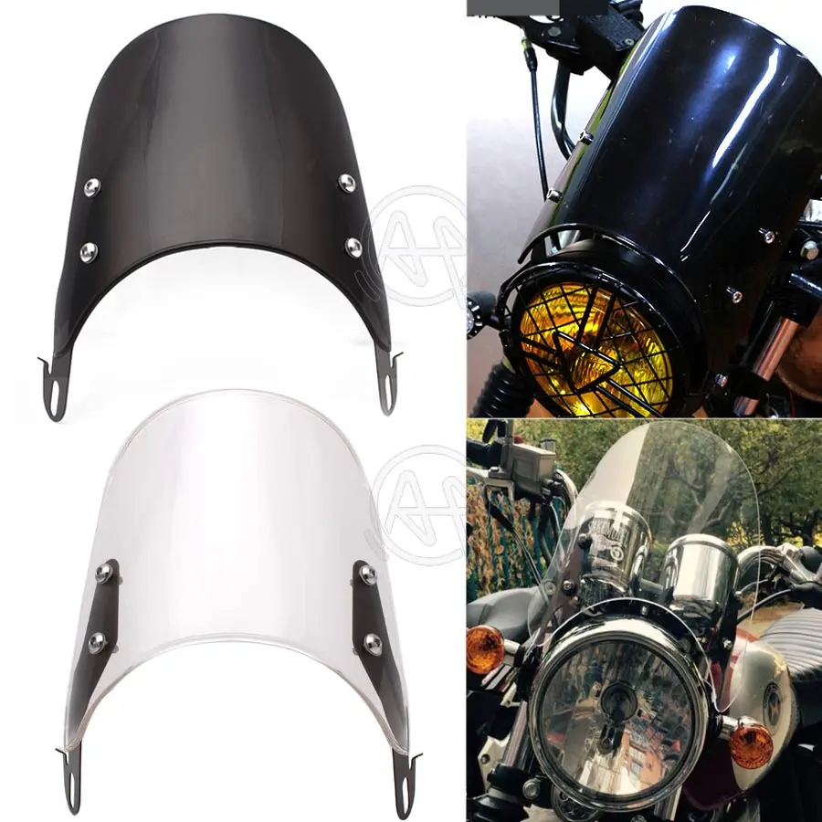

Black/Clear Motorcycles Custom Compact Sport Wind Deflector Retro Windshield 4-7'' Headlamp Universal Fit For Yamaha Harley