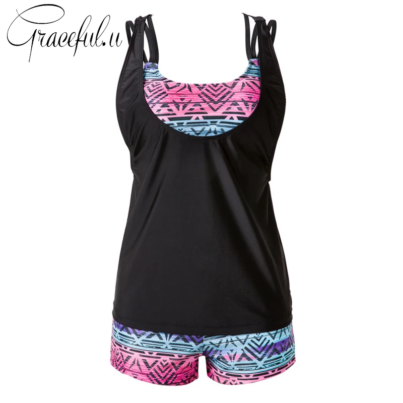 3pcs Tankini Swimsuits Women Strappy Padded Bikini Set with Bottom Shorts Plus Size Swimwear Bathing Suit for Female