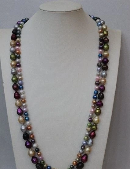 

FREE SHIPPING>>>@@ > Multi-color Freshwater pearl Double Necklace 8mm&12x14mm 31&33" Alloy "handmade
