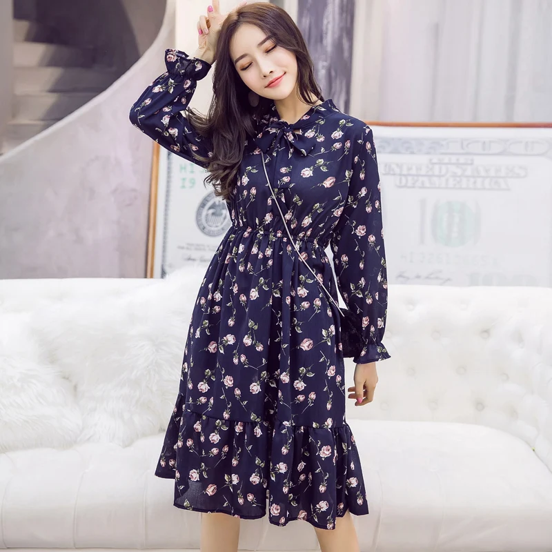 

Women Dress A-line Slim Waist Floral Print Elegant Female Dress Spring Full Sleeve Chiffon Bohemian Midi Vestidos femme 2019