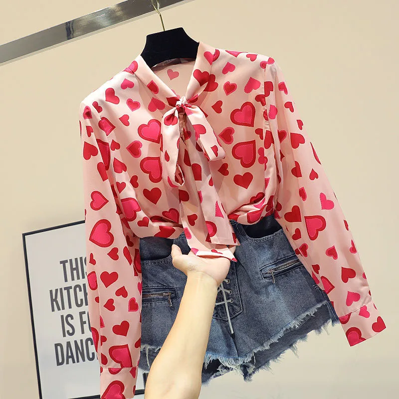 New Womens Tops Fashion Summer autumer long sleeve Leisure Chiffon Blouse Casual Female Bow pink tops Heart shape Blusas DF2334