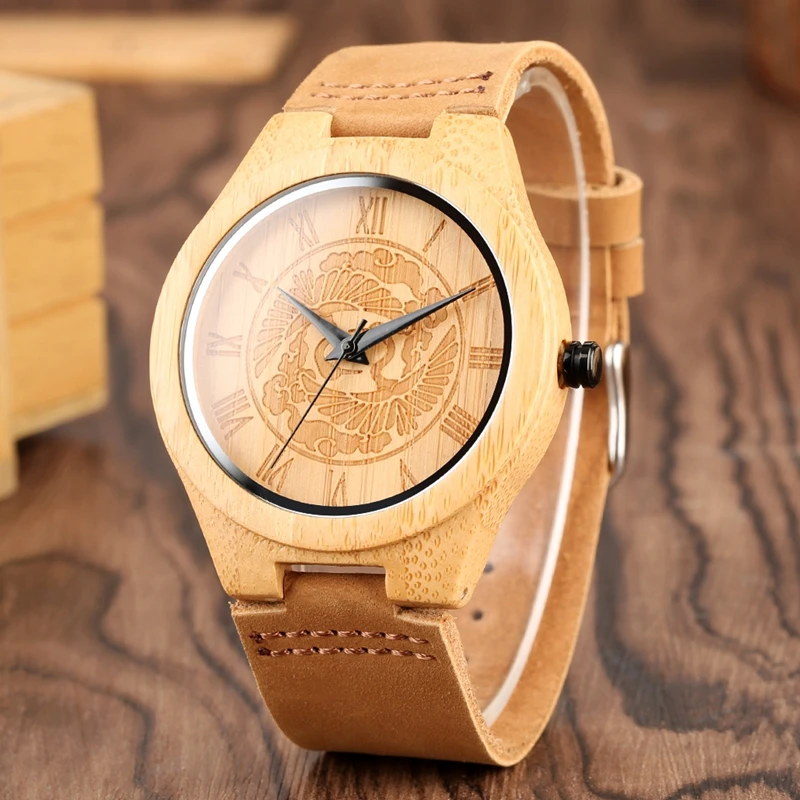 Men's Wooden Watches with Unique Craving Pine Tree Dial Quartz Analog Roman Numeral Bamboo Wristwatch for Teenager M | Наручные часы