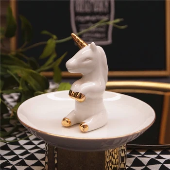

Fashion Jewelry plate Necklace Earrings Rings unicorn w.gold horn Stand Display dish creative gifts wedding decoration ashtray