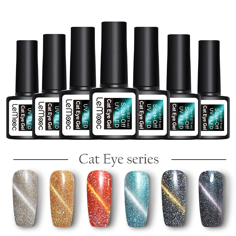 

LEMOOC 8ml Holographic Magnetic 3D Cat Eye Gel Polish Soak Off UV Nail Gel Polishl Varnish Laser Glitter Nail Art Laquer