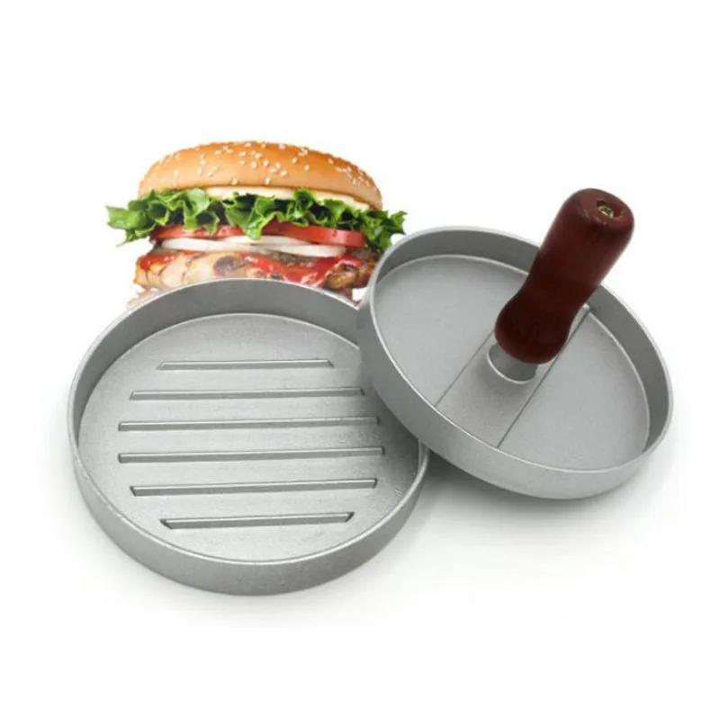 Творческий деревянной ручкой алюминий сплав производители гамбургеров DIY Пэтти чайник Плесень Круглый гамбургер мясо говядины Гриль Burger пресс