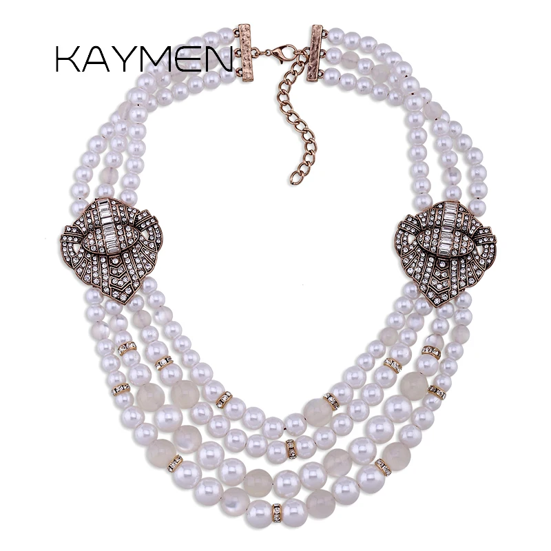 

KAYMEN New Luxury 4 Layers Pearls Necklace for Women Wedding 2 Alloy Flowers Inlaid Rhinestones Vintage Necklace Chokers 1443