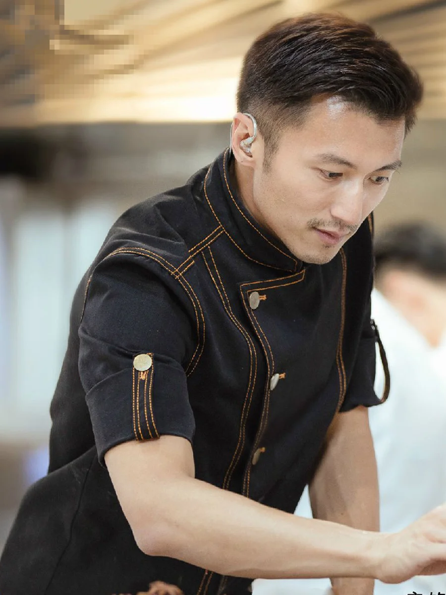 Men Denim Cotton Short&full Sleeve Chef Tops Uniform with Apron Set Oil Proof Food Service Kitchen Restaurant Cook Work Wear