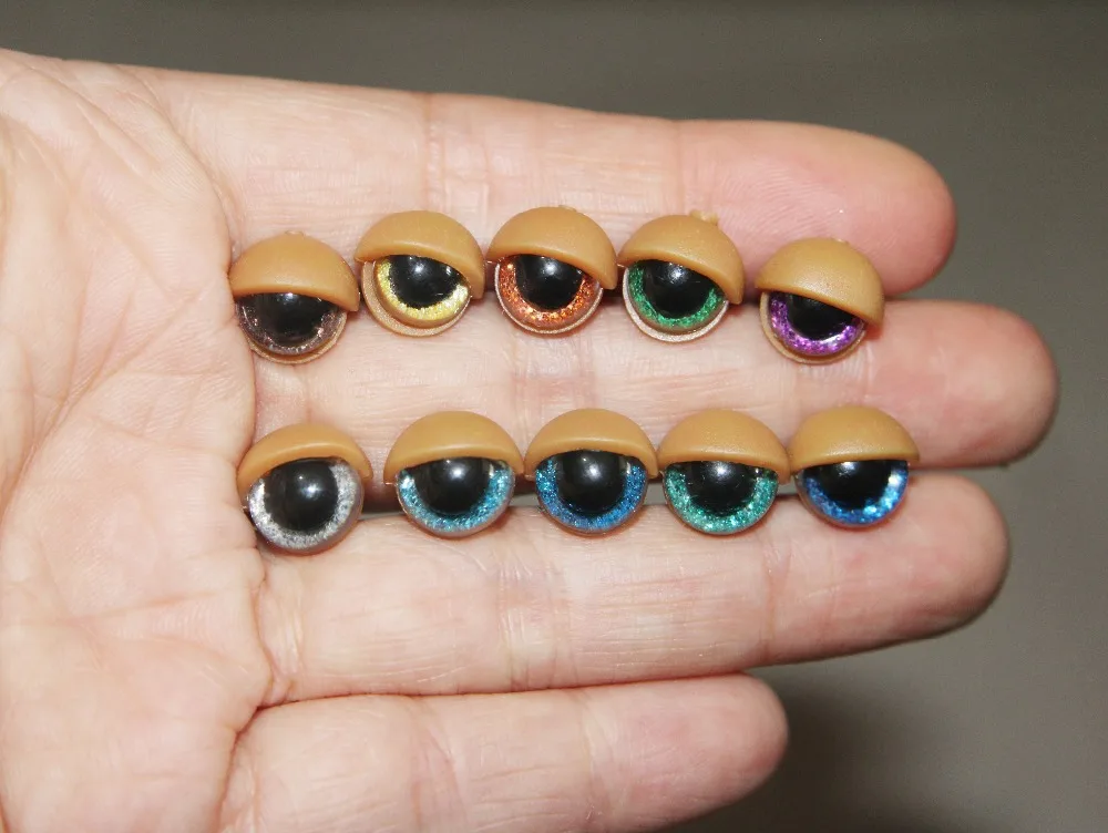 

20set/lot 10mm tiny round plastic clear toy safety eyes + glitter Nonwovens + light coffee eyelid + hard washer