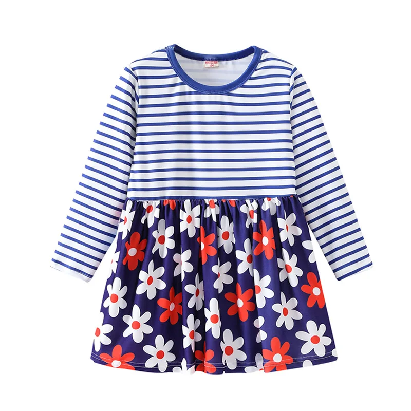Summer Casual Printed and Striped Patchwork Baby Princess Girls Long-Sleeved Dress Girls Clothes For 2-7 Years Old