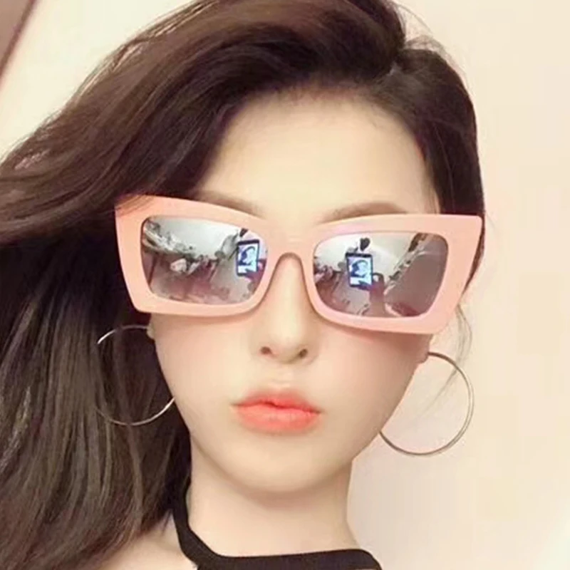 [EL Malus]Brand Designer Square Frame Sunglasses Women Female Reflective Silver Lens Pink Red Shades Sun Glasses Oculos Gafas