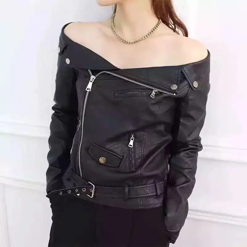 

Autumn Women Long Sleeve Faux Leather Jacket Off The Shoulder Black Motorcycle Overcoat Zippers Short Female Pu Coat