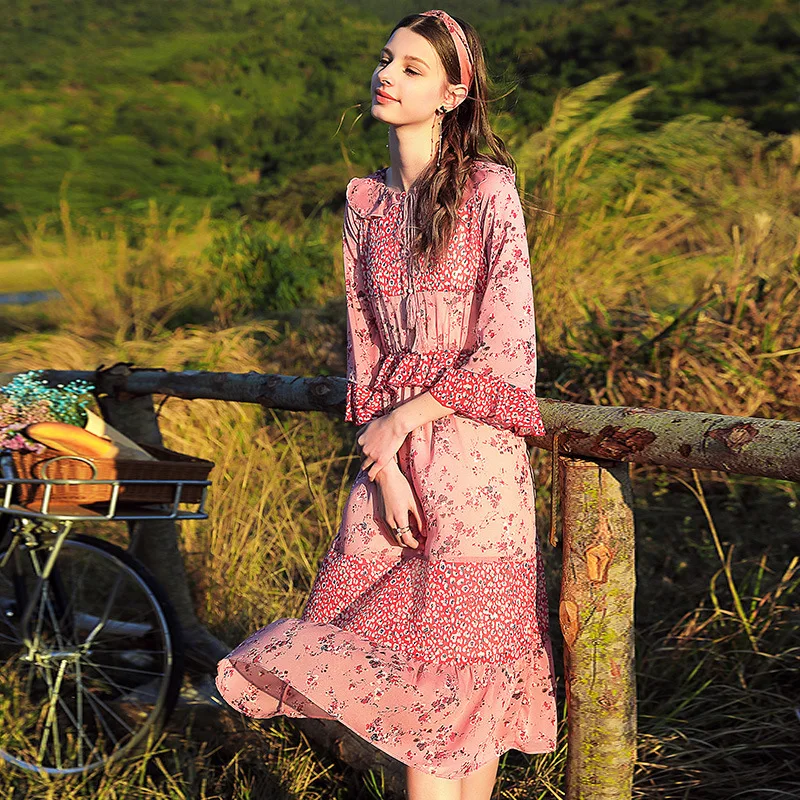 

2019 early spring new women's round neck big swing skirt lady chic printed chiffon dress 63133