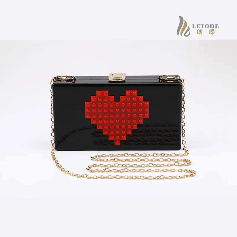 Сумка на плечо с аппликацией в форме сердца для женщин, акриловая Роскошная брендовая модная сумка, высококачественный кошелек, клатч, сумка bolsos 5113 - Цвет: black