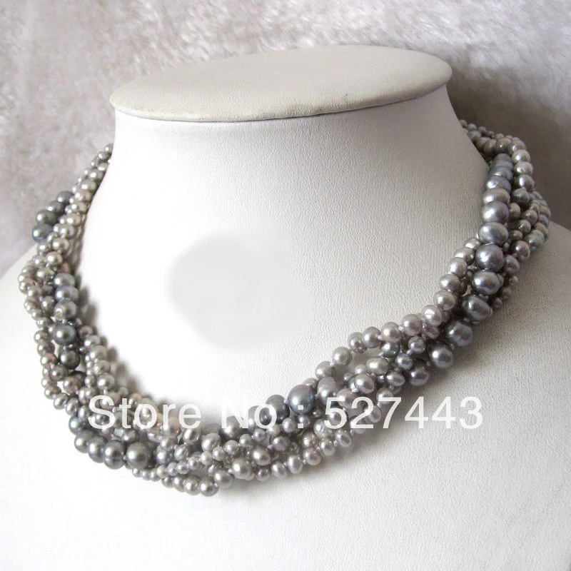 

Wholesale 16" 5Row 3.0-7.0mm Gray Freshwater Pearl Choker Necklace Jewelry