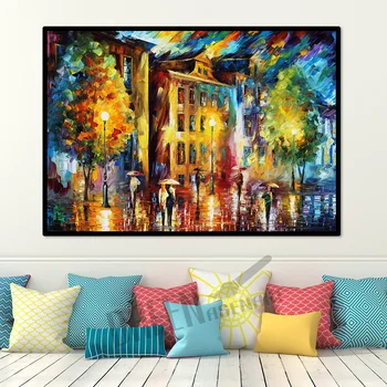 

Modern Knife Oil Canvas Painting Handmade Love Couple Walks In The Rain Wall Art Picture for Living Room Bedroom Wall poster