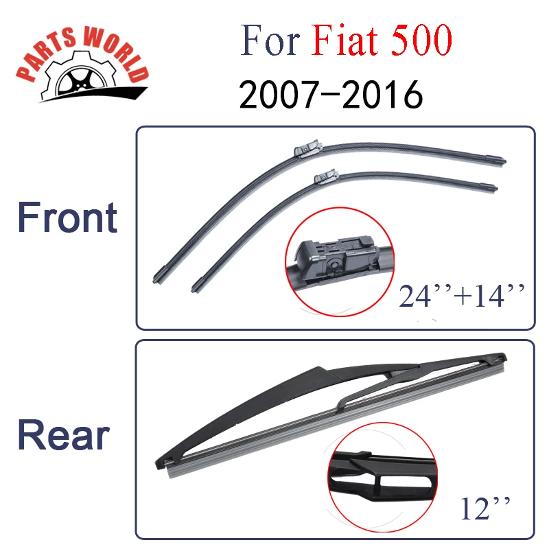 

Front and Rear Wiper blades for FIAT 500 2007-2016 24"+14" fit push button type wiper arms clean the windshield
