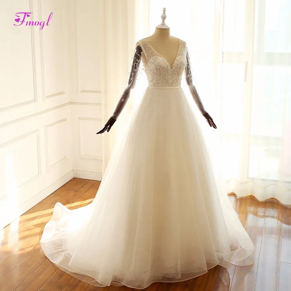

Fmogl Romantic Deep V-neck Lace Up Bohemian Wedding Dress 2019 Beaded Long Sleeve Pearls Princess Bridal Dress Vestido de Noiva