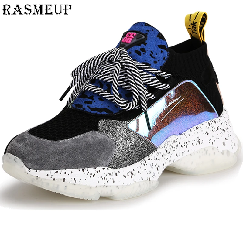 

RASMEUP Plus Size 41 Genuine Suede Leather Mesh Sock Platform Sneakers Women 2019 Horsehair Women Chunky Trainers Woman Shoes