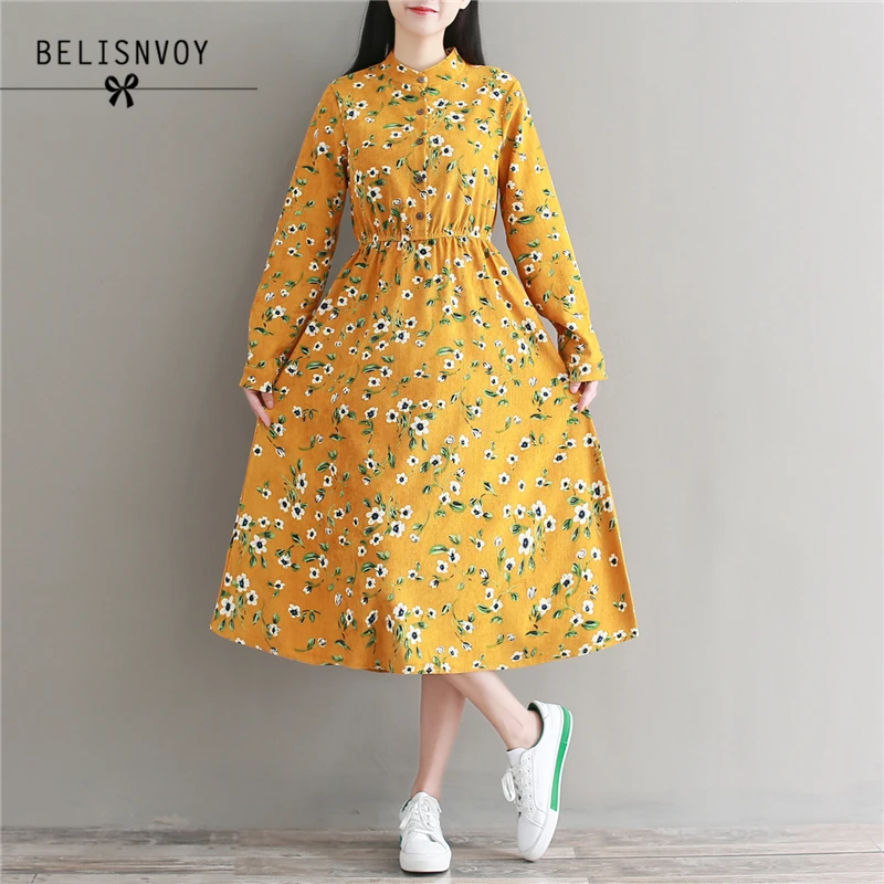 

Robe Femme 2019 Spring Autumn Clothing Women Long Sleeve Floral Print Corduroy Dresses Mori Girl Sweet Maxi Long Dress Vestidos