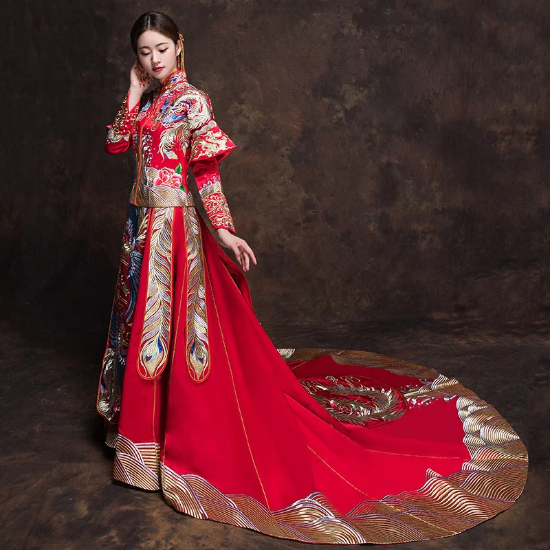 Tanie Klasyczny stójka Cheongsam małżeństwo garnitur haft Phoenix chińskie wesele sukienka tradycyjny Qipao starożytny Vestidos