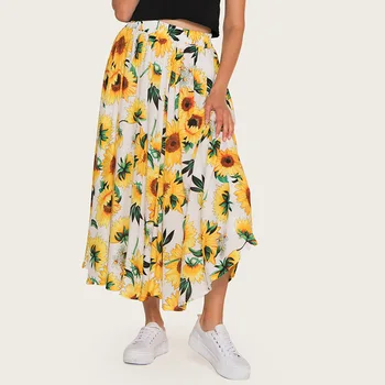 

Bohemian Causal Women's Sunflower Floral Print Drawstring Pleated Long Skirt
