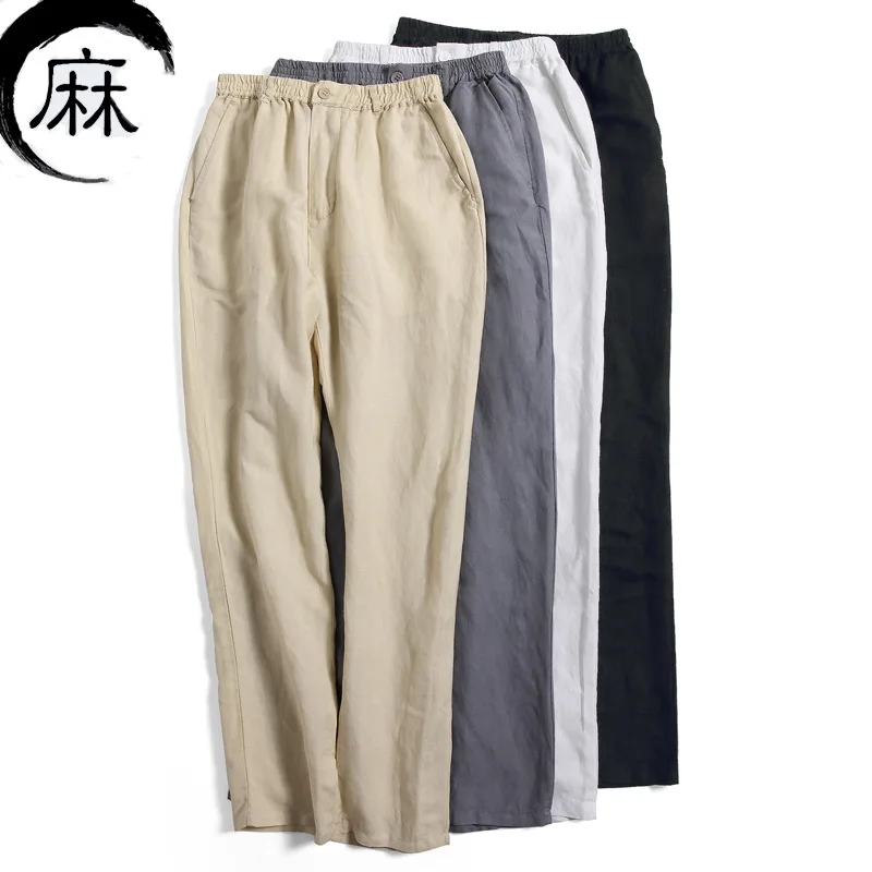Casual Men Summer Cool Linen Pants Elastic Waist Solid