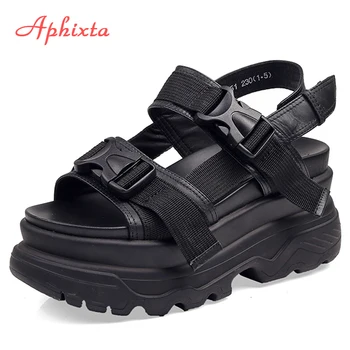 Aphixta 8cm Platform Sandals Women Wedge High Heels Shoes Women Buckle Leather Canvas Summer Zapatos Innrech Market.com