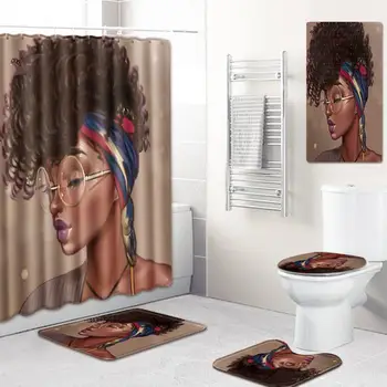 

5Pcs African Women Pattern Shower Curtain+Floor Mat Toilet Rug Cover+ Waterproof Bath Mat