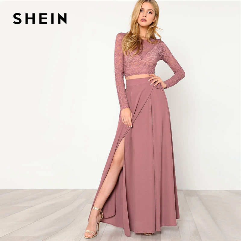 SHEIN Модный Кружевной Топ И Модная Юбка Комплект Женский Розовый Романтичный Топ С Длинными Рукавами И Длинной Юбкой С Поясом