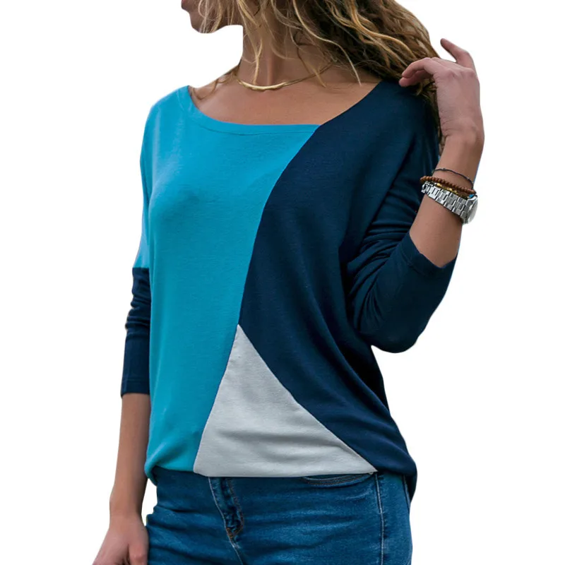 

2019 Spring New Long Sleeve T-shirt Women Tops Casual Skew Collar Patchwork Shirt Slim Office Lady T shirt Basic Tee 2XL Blue