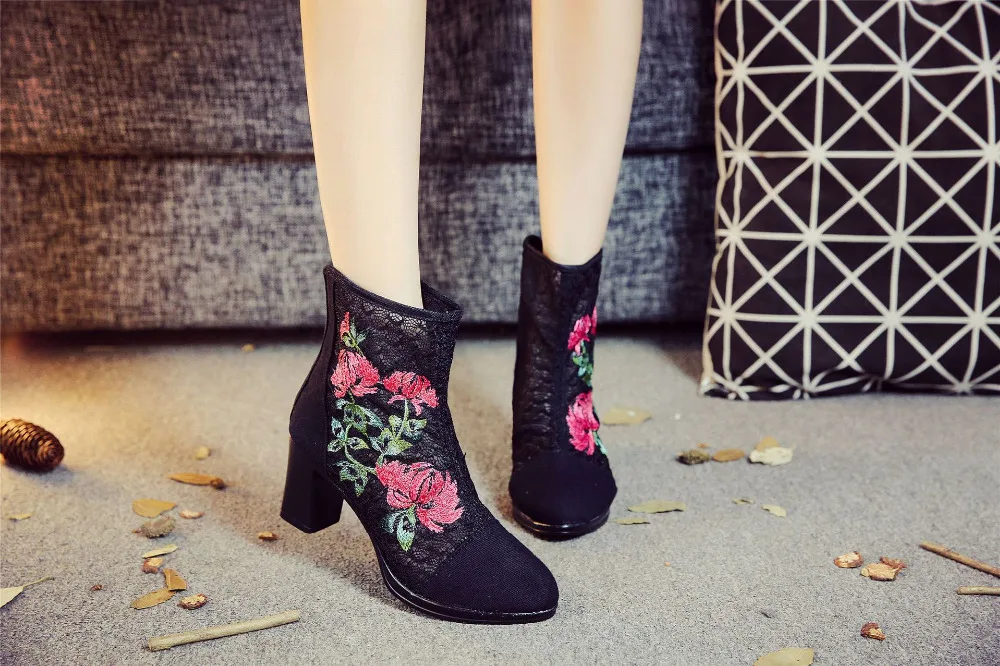 Veowalk High End Floral Embroidered Women Cotton Short Ankle Boots Ladies Casual Block High Heel Pumps Shoes for Elegant Ladies 23