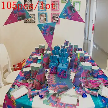

105cs/lot party supplies trolls theme birthday party boy girls love birthday party bags event party supplies decorations