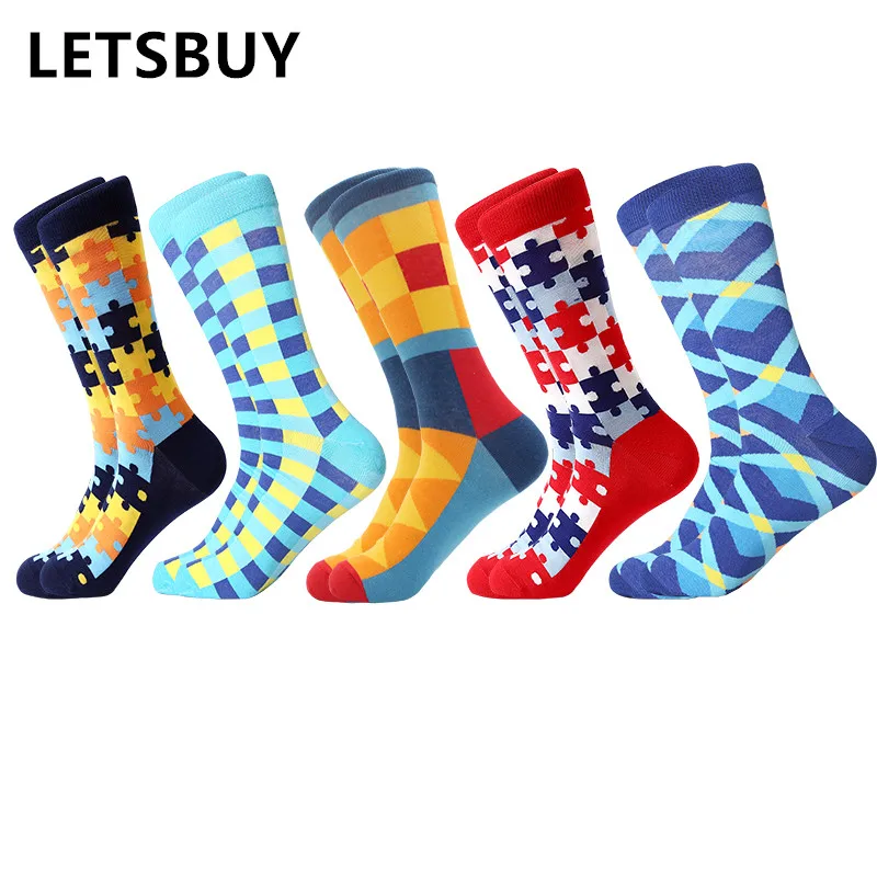 

LETSBUY drop shipping 5pairs/lot geometry pattern gift socks colorful men women funny combed cotton tube socks