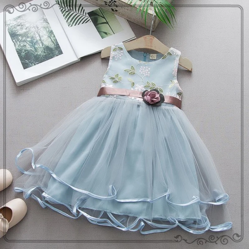 

Toddler Girl Dress Baby Girl Summer Dress Sleeveless O-Neck Belt with Boutonniere Appliques Mesh Infant Clothing Newborn Dresses