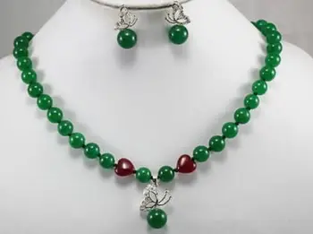 

Beautiful jewelry green jade necklace butterfly pendant earrings set 5.23