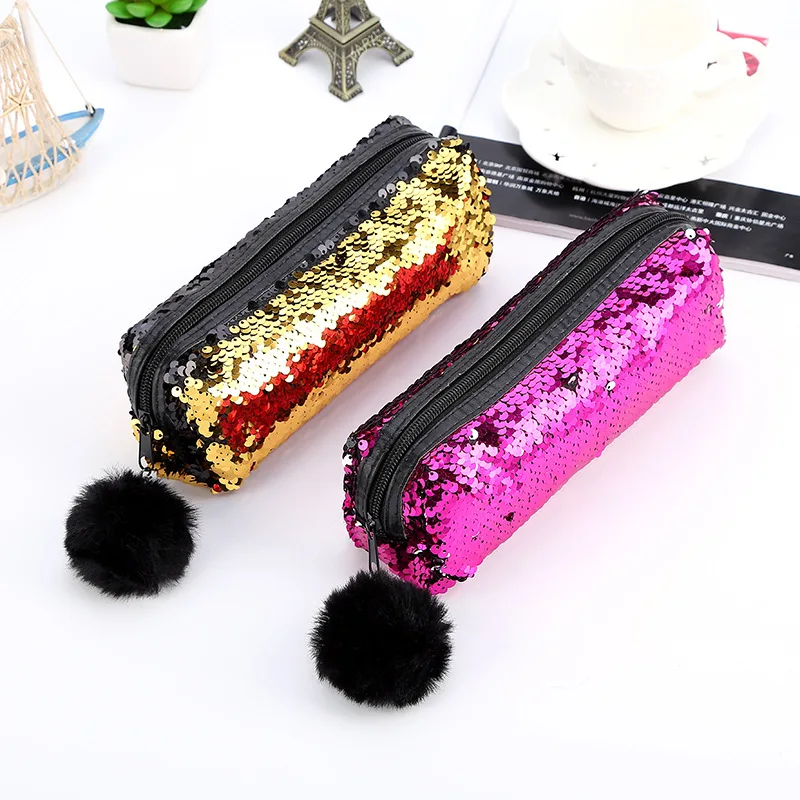 

1pc Color Reversible Sequin Pencil Case Large Capacity Plush Pendant Pen Bag Kids Gift Pencil Bag Cosmetic Brushes Storage Bag