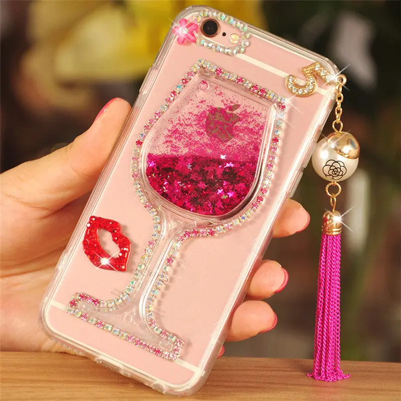 

For iPhone 6S 7 8 plus X For Samsung S6 S7 edge S8 S9 plus Note 3 4 5 8 9 Lips Liquid sand wine glass Quicksand soft Phone case