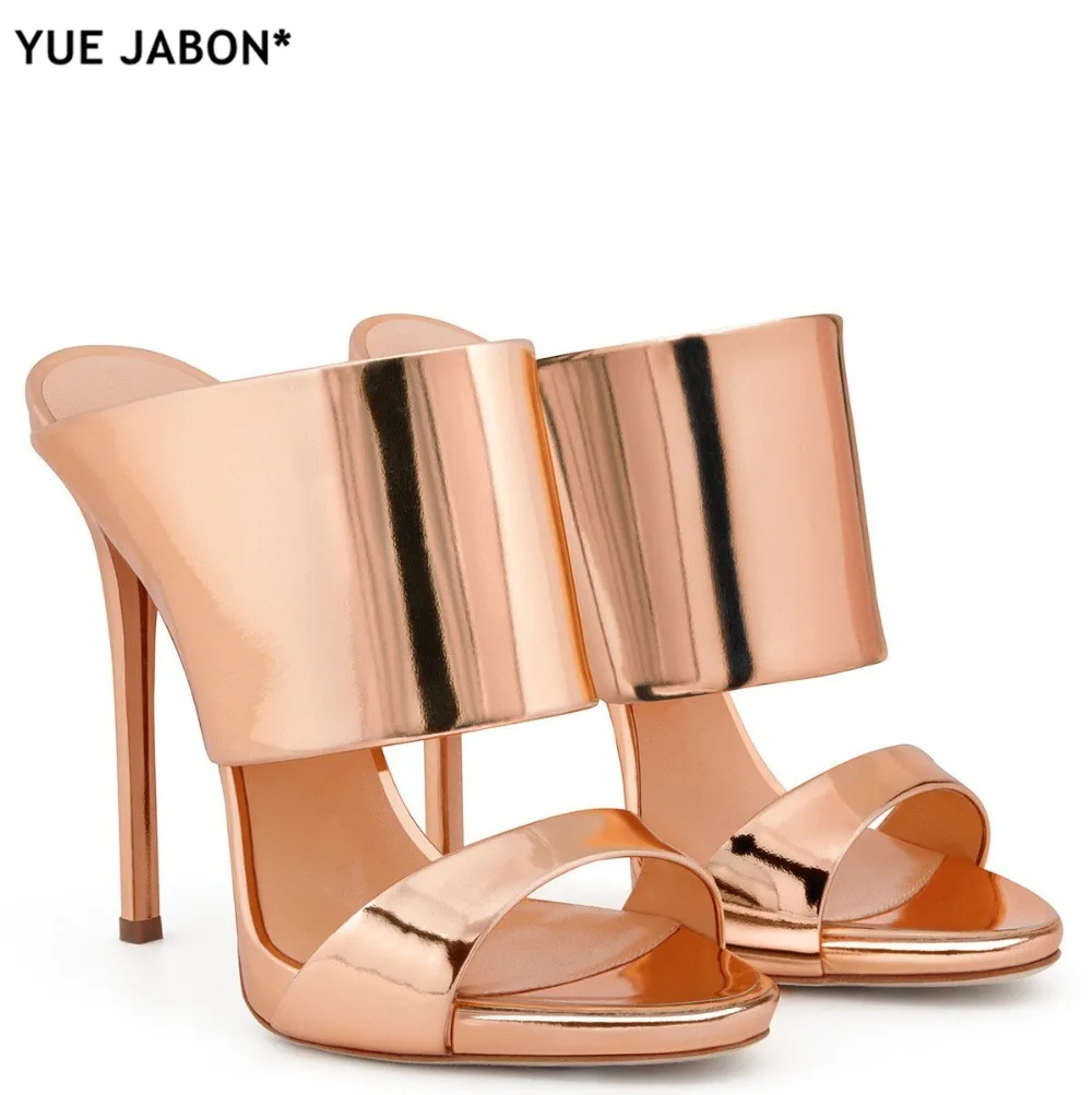 

Women High Heel Sandals 2019 Metallic Rose Gold Patent Leather Mule Silver Heels Blush Summer Shoes Ladies Party Shoes Plus Size