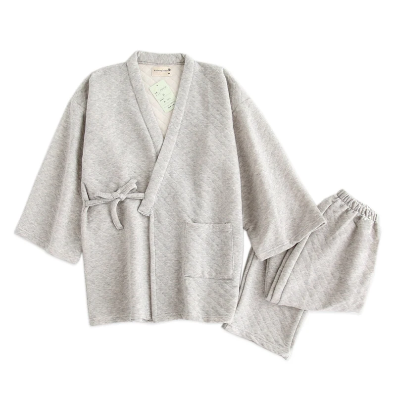 

Winter warm scuba kimono robes mens Pure color Japanese thicken keep warm 100% cotton pajamas for male gown sets bathrobes