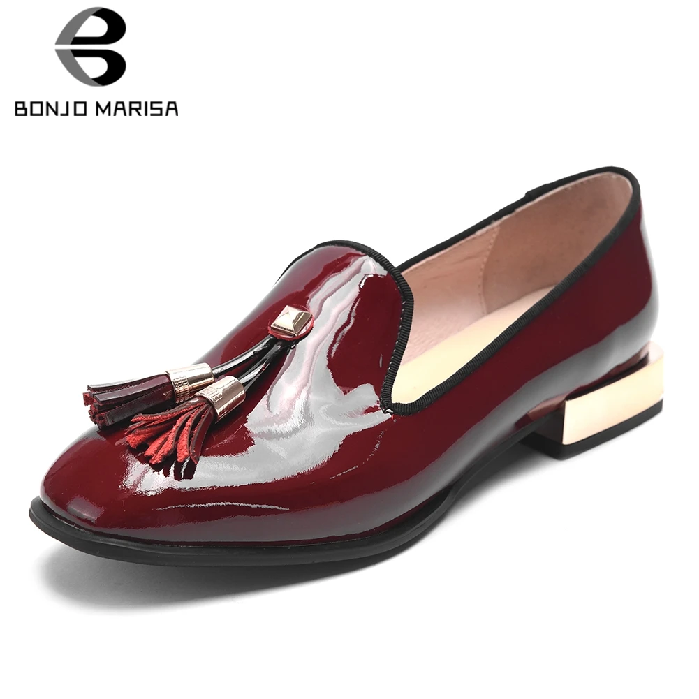 

BONJOMARISA Hot Sale Patent Leather Fringe Summer Shoes Woman Pumps Female Chunky Heels Casual Slip On Black Pumps Woman Shoes