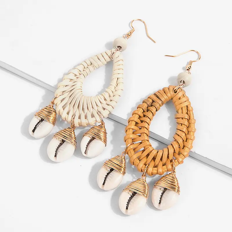

ZWPON Straw Wood Bead Rattan Weave Teardrop Shell Cowry Earrings Dangle 2019 Trendy BOHO Earrings for Women Beach Dress Earrings
