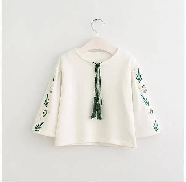 YW61252438 весенний модный топ для маленьких девочек, Однотонная футболка с цветочным принтом для маленьких девочек, одежда с кисточками для девочек, повседневная одежда Babu - Цвет: Слоновая кость