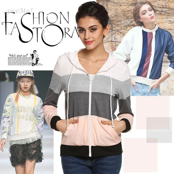 

Women Casual Hoodies Sweatshirts Zipper Top Ropa Mujer Long Sleeve Splicing Pockets Hooded Hoody Female Loose Coat 3XL