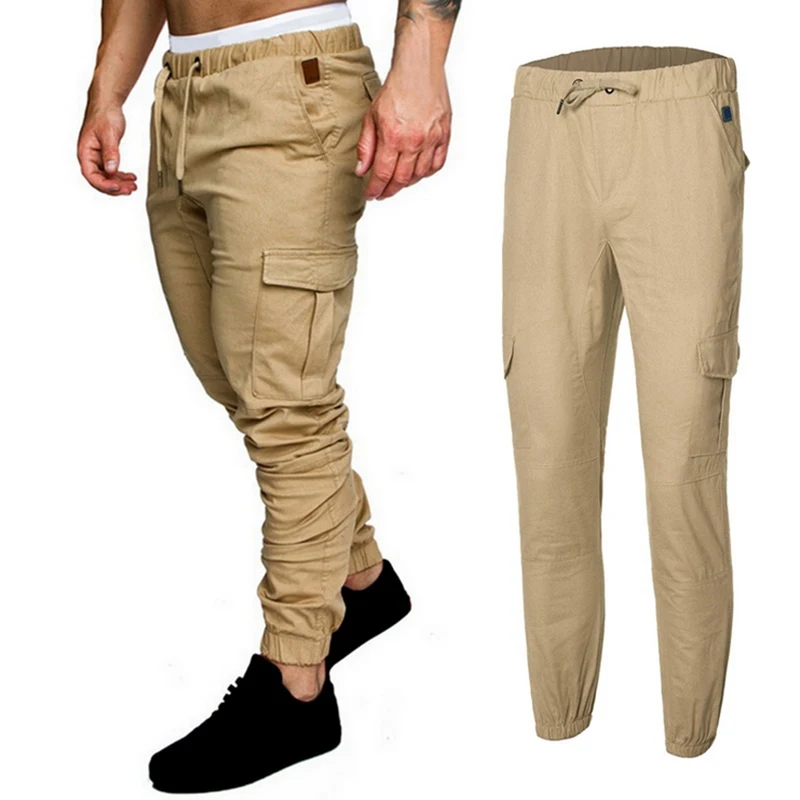 

LAAMEI 2019 Spring Autumn Casual Men Pants Drawstring Elastic Waist Cargo Trouser Solid Sweatpants Side Pocket Harem Pant
