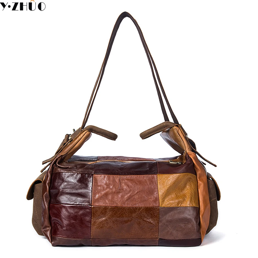 

Unique design really cowhide travel duffel bags genuine leather handbags tote fashion patchwork shoulder crossbody male brand